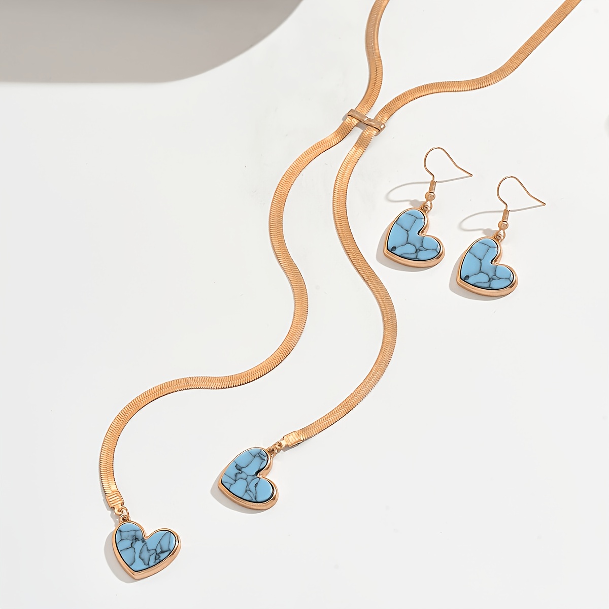 3pcs Blue Heart Imitation Turquoise Snake Bone Chain Set